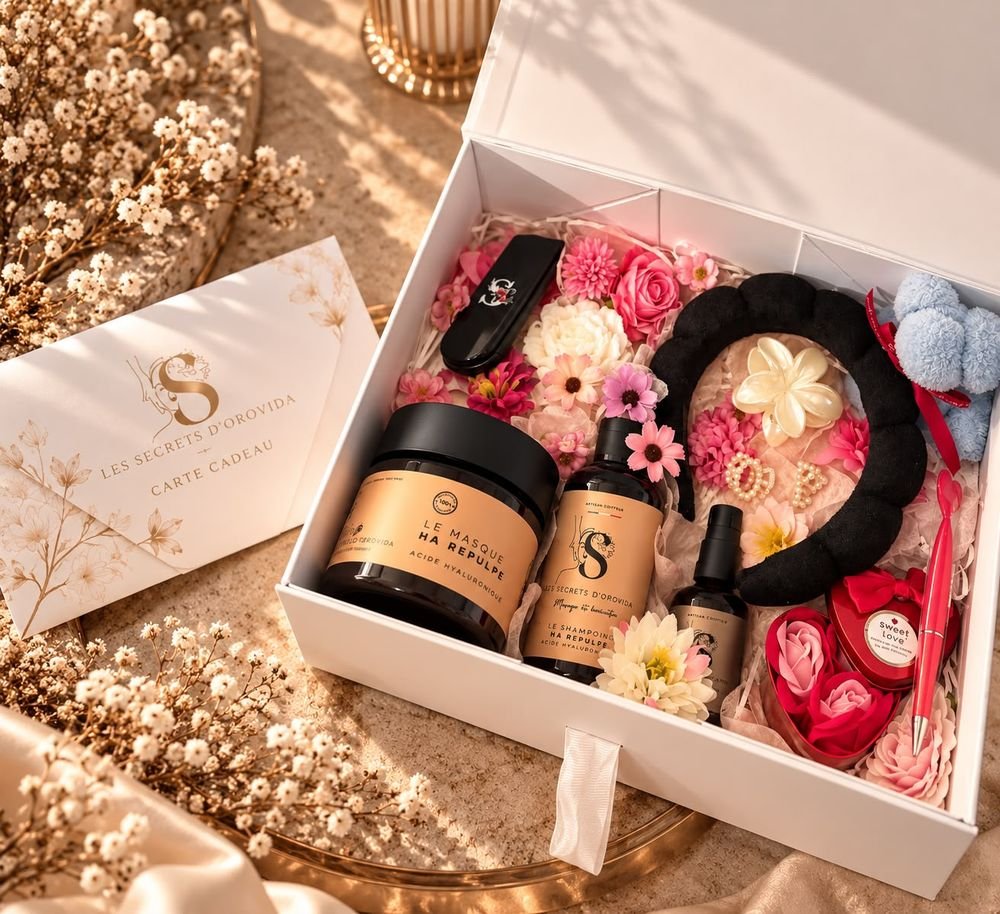 Coffret cadeau ouvert avec sa carte cadeau et ses soins capillaires