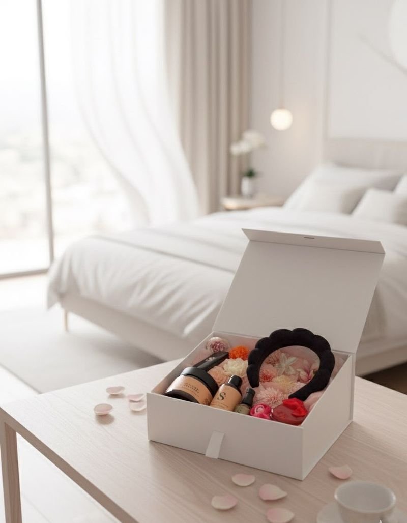 Coffret cadeau posé sur une table dans une chambre lumineuse