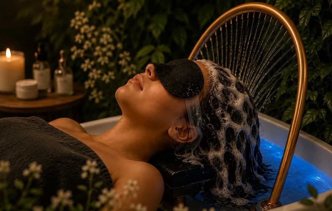 Cliente pendant un shampoing sous l'arc d'eau doré