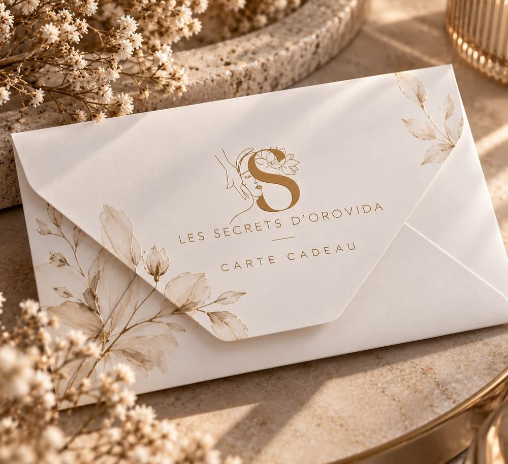 Enveloppe de la carte cadeau Les Secrets D'Orovida posée parmi des fleurs séchées
